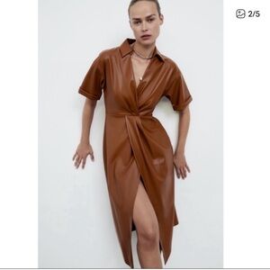 Zara Tan Faux Leather Twist Midi Dress